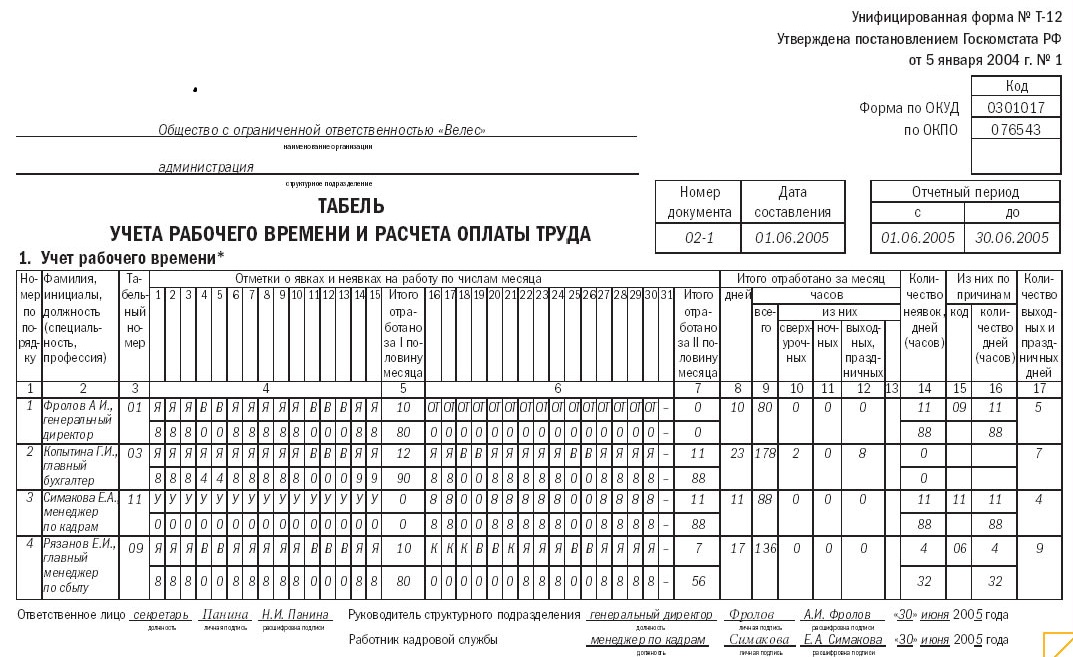 Образец учета рабочего времени